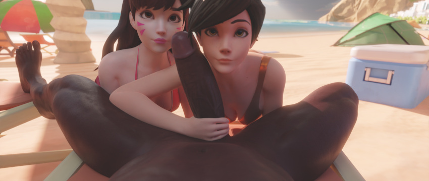 1boy 2girls 3d asian_female brown_eyes brown_hair d.va dark-skinned_male dark_skin erection female handjob interracial large_penis light-skinned_female looking_up male multiple_girls overwatch penis straight summer threedust tracer