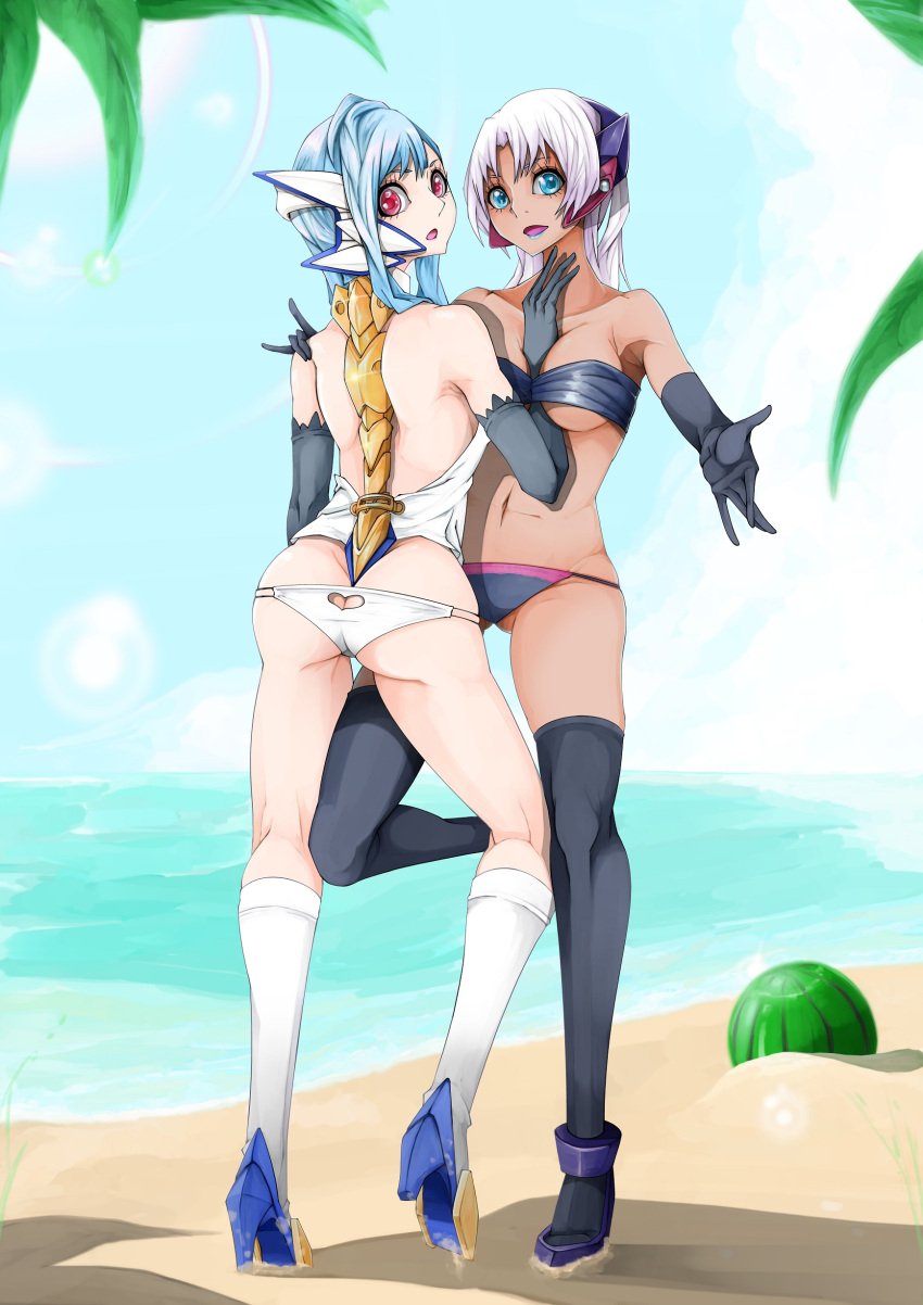 .th 2girls android arm_between_breasts ass backless_outfit beach bikini bikini_bottom black_bikini black_swimsuit blue_eyes blue_hair breasts clouds cyborg female female_only gloves headgear high_heels kos-mos lipstick long_hair looking_at_viewer looking_back medium_breasts midriff navel outside red_eyes sky standing_on_one_leg strapless strapless_bikini strapless_swimsuit swimsuit swimsuit_bottom t-elos thighhighs water watermelon white_bikini white_hair white_swimsuit xenosaga