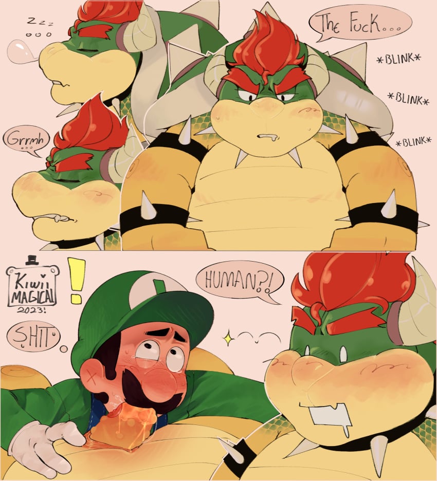 ! 2023 2boys bowser bowuigi colored gay human_on_anthro kiwiimagical luigi male male_only mario_(series) multiple_boys oral text yaoi