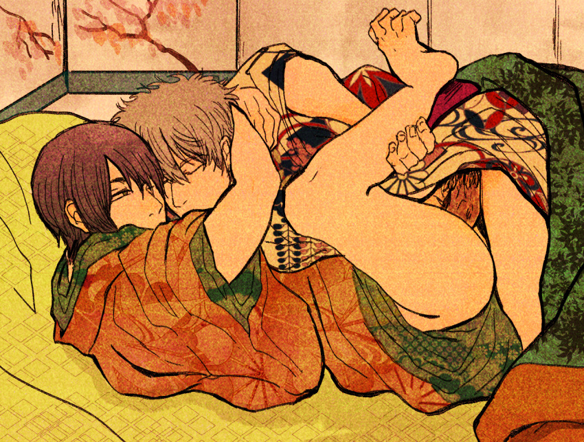 2boys anal anal_sex arms_around_neck closed_eyes embrace fine_art_parody gintama gintoki_sakata igaitaindesuwa implied_anal indoors japanese_clothes kimono leg_lift leg_up looking_at_another male male_only on_back penis shouji shunga style_parody takasugi_shinsuke yaoi