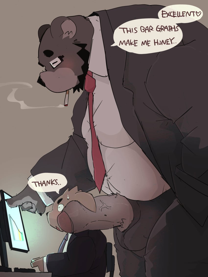 absurd_res anthro blush business_suit cigarette clothing dumdum duo english_text erection furry gay genitals hi_res male penis penis_on_face penis_through_fly poking_out poking_with_penis suit text unprofessional_behavior workplace