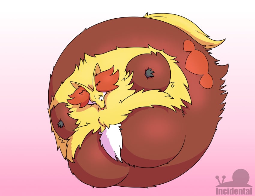 big_breasts breasts delphox female incidentalsnail inflation pokémon_(species) pokemon spherical_inflation sunken_head sunken_limbs tagme