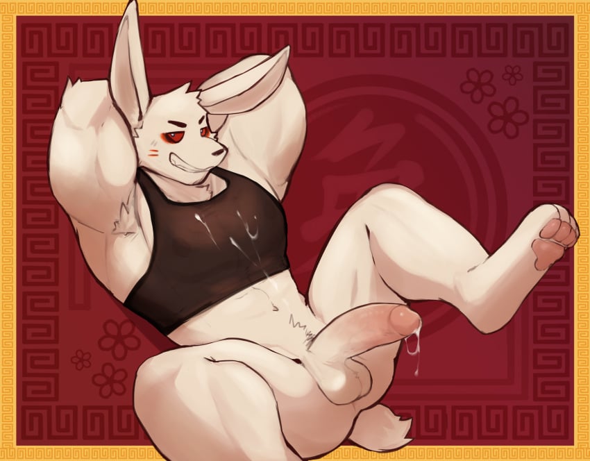 anthro barazoku bodily_fluids bottomless clothed clothing crop_top cum cum_drip cum_on_chest cum_string dripping erection genital_fluids hi_res lagomorph leporid looking_at_viewer lunar_new_year lying male male_only mammal muscular on_back rabbit red_sclera shirt shirt_only smile solo thrisker topwear topwear_only