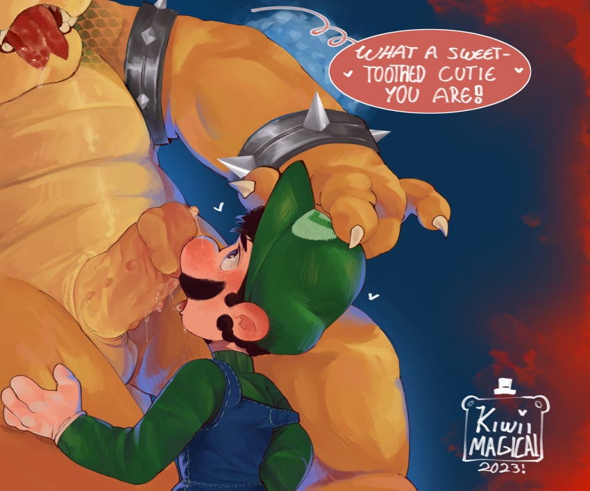 2023 2boys big_cock big_penis blowjob bowser colored gay kiwiimagical luigi male male_only mario_(series) multiple_boys size_difference split_tongue tongue_out yaoi