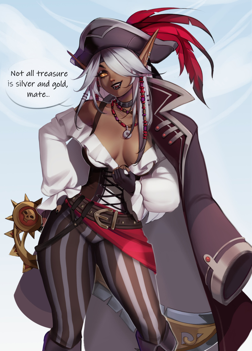 1girls absurd_res black_eyeshadow black_lipstick blizzard_entertainment blood_elf cleavage clothed dark-skinned_female dark_skin dialogue ear_piercing elf elf_ears elf_female emli_ascher english_text female female_only hair_over_one_eye lip_piercing long_hair looking_at_viewer maewix1 makeup narrowed_eyes nose_piercing orange_eyes pirate pirate_hat pirate_outfit smiling smiling_at_viewer solo speech_bubble sword talking_to_viewer warcraft white_hair world_of_warcraft