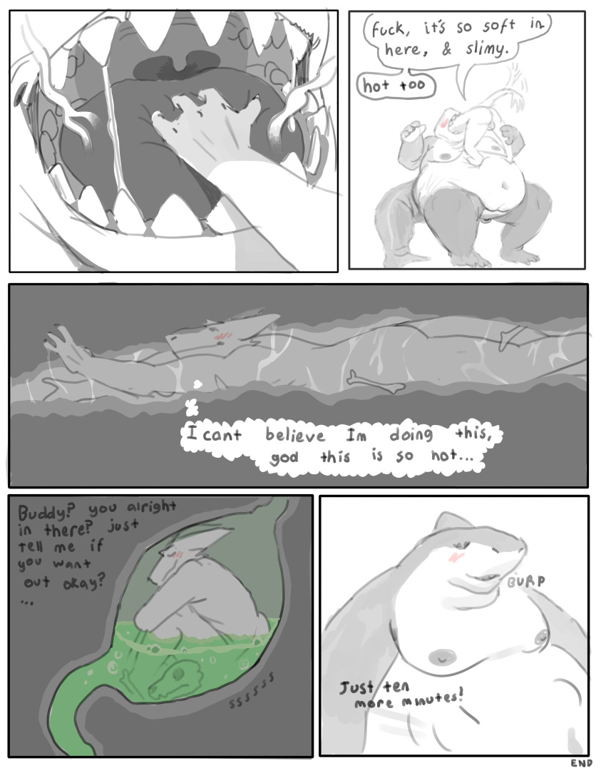 absurd_res ambiguous_ending_vore anthro bodily_fluids bone bones_in_stomach burping chunkolilt_(artist) comic digital_drawing_(artwork) digital_media_(artwork) duo english_text fish hi_res male male_pred marine organs overweight overweight_male safe_vore sergal shark skull stomach stomach_acid text vore willing_prey