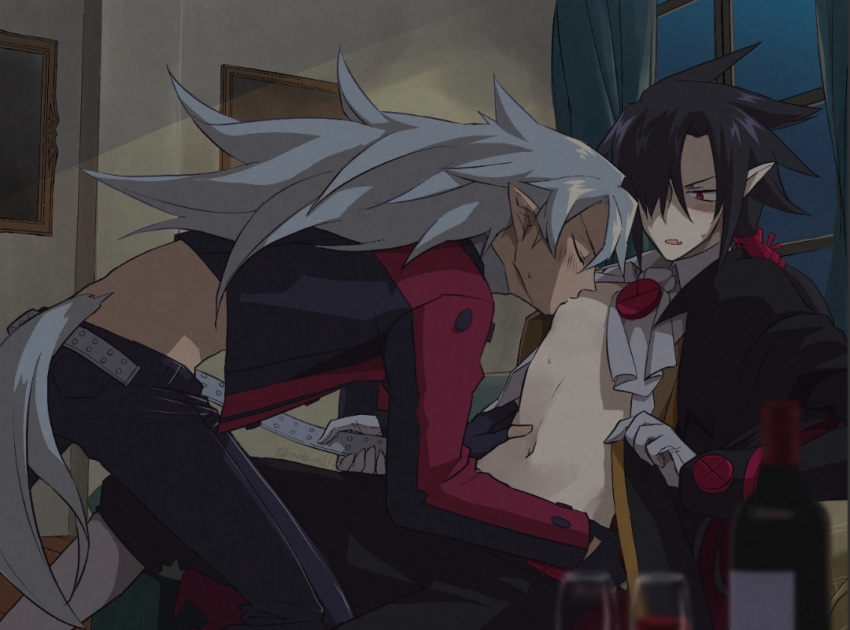 2boys black_hair blush clothed disgaea disgaea_4 fenrich gay gloves grey_hair hands_on_hip long_hair male_only nipple_sucking nipples pointy_ears red_eyes satoimo_2009 sweat tail valvatorez vampire werewolf yaoi yellow_eyes