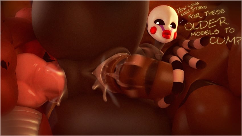 1girls 2boys 3d classic_fnaf_2_marionette classic_fnaf_2_puppet five_nights_at_freddy's foxy_(fnaf) freddy_(fnaf) marionette_(fnaf) original_fnaf_2_marionette original_fnaf_2_puppet puppet_(fnaf) rckke