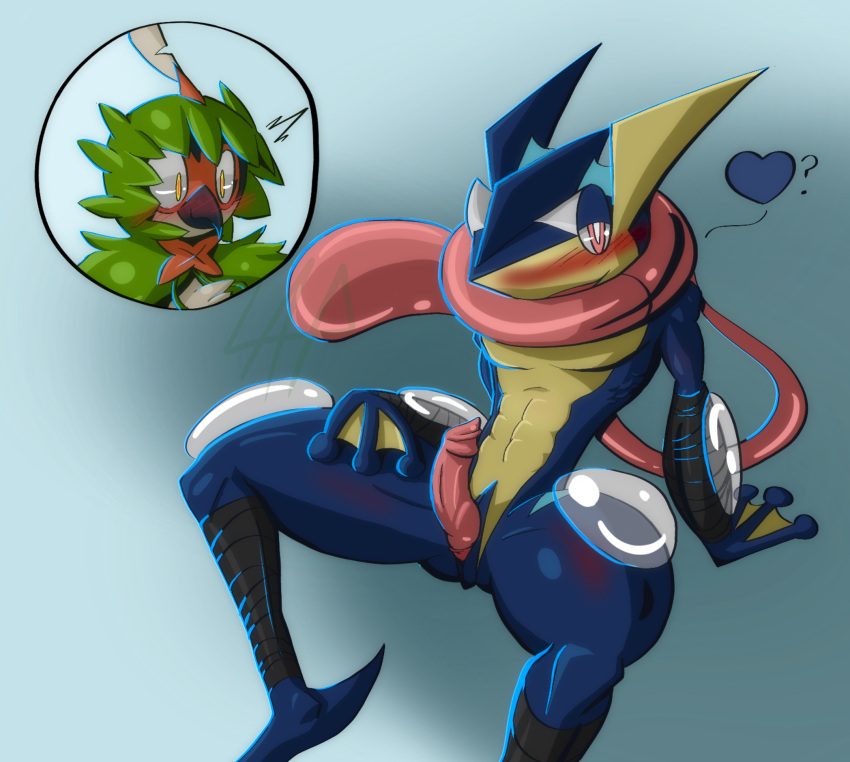 ambiguous_gender amphibian avian bird blue_background blue_body blush decidueye duo female frog generation_6_pokemon generation_7_pokemon genitals greninja hand_on_floor hand_on_leg hand_on_thigh hi_res lewdaesthetics long_tongue looking_at_another looking_at_viewer looking_surprised male male/female nintendo owl penis pink_eyes pokemon pokemon_(species) presenting presenting_penis simple_background sitting spread_legs spreading tongue wraps