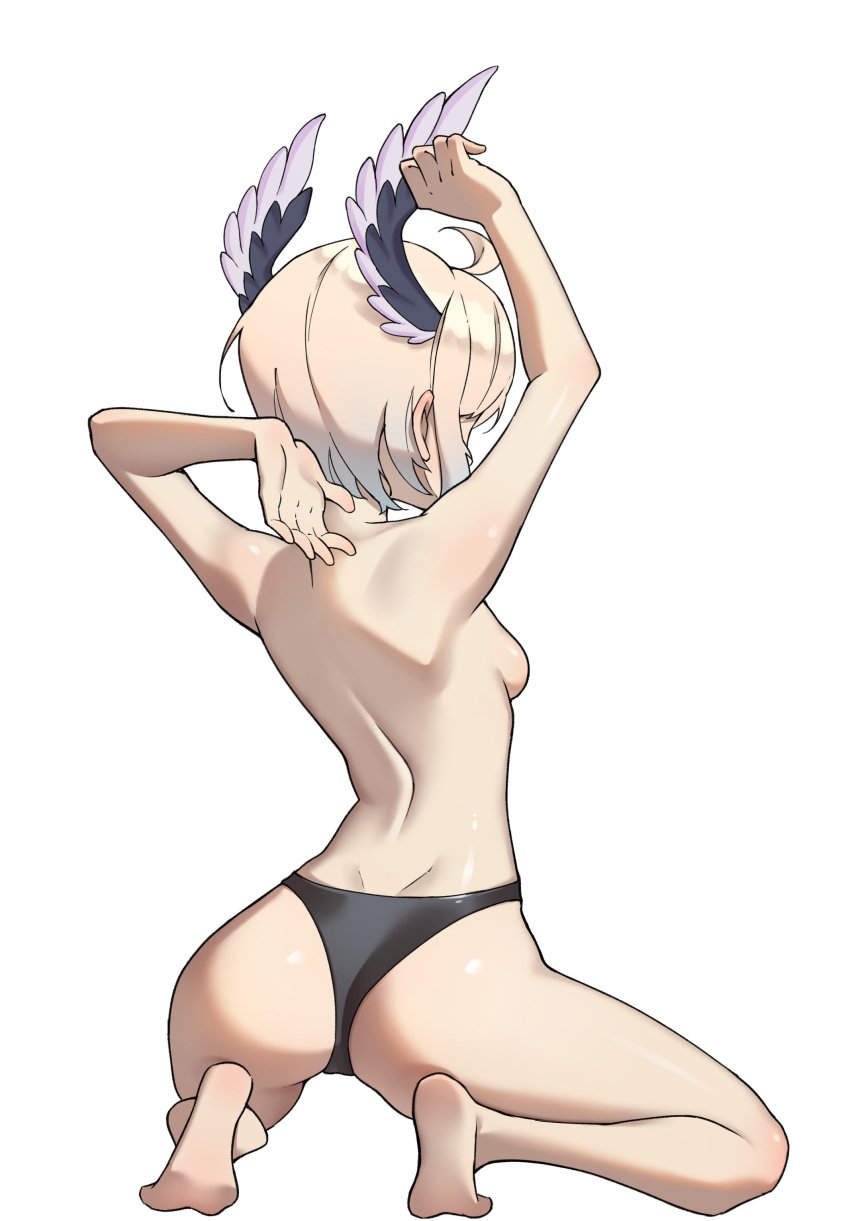 1girls ahoge arm_above_head arm_behind_head arms_up ass ass_focus back back_view backboob bare_back barefoot black_panties blue_hair braless breasts butt butt_focus cream_hair enna_alouette feet hair_wings head_wings hi_res highres kneeling naked_panties neonluminous nijisanji nijisanji_en no_bra panties panties_only short_hair sideboob small_breasts solo solo_female solo_focus topless two_tone_hair viewed_from_behind virtual_youtuber white_background white_hair wings