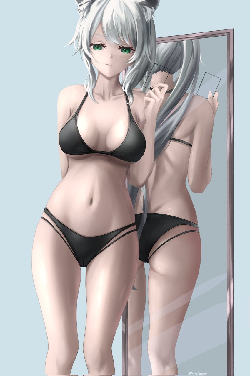 1girls 2022 alternate_version_at_source animal_ears ass belly belly_button black_bra black_thong bra breasts cat_ears green_eyes hizuki_miu looking_at_viewer manasenshou mirror pale-skinned_female pale_skin solo solo_female solo_focus thong twitter_username virtual_youtuber wactor wactor_jp wactor_production white_hair