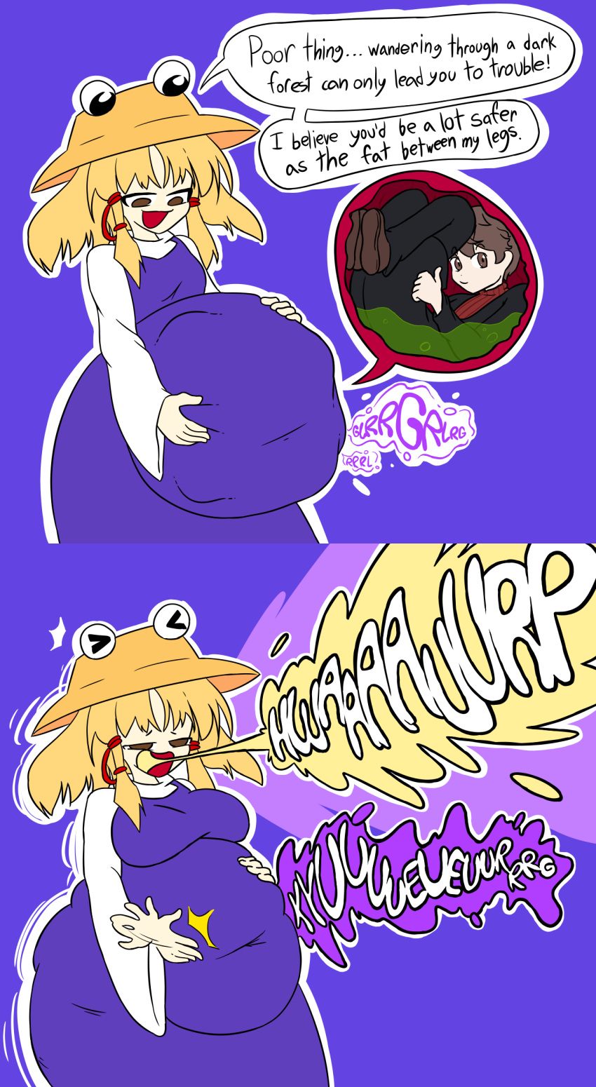 1boy 1girls belly blonde_hair breasts burp burping cheeze_squak commission digestion female_pred hat huge_belly internal internal_view male_prey patting_belly stomach stomach_noises suwako_moriya touhou vore weight_gain