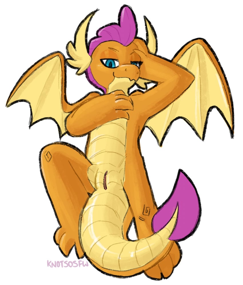 anthro blue_eyes claws dragon female friendship_is_magic genitals hasbro hi_res horn knotsosfw looking_at_viewer my_little_pony nude orange_body pussy scalie simple_background smile smolder_(mlp) solo wings