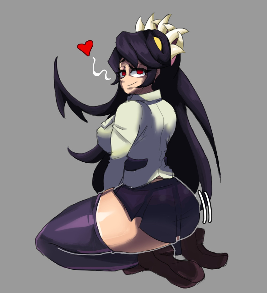 1girls 2021 ass back back_view bedroom_eyes big_ass big_breasts big_butt black_hair breasts busty butt clothed clothed_female clothes clothing color colored eye_contact eyelashes eyes_half_open female female_focus female_only filia_(skullgirls) fully_clothed grey_background hair happy heart human human_only kneeling large_breasts legs legwear light-skinned_female light_skin long_hair looking_at_viewer looking_back looking_back_at_viewer pose posing rear_view red_eyes samson_(skullgirls) school_uniform schoolgirl shirt shoes short_skirt sideboob skirt skullgirls smile smiling smiling_at_viewer solo solo_female solo_focus stockings tentacle thick_thighs thigh_highs thighhighs thighs uniform vel_ge