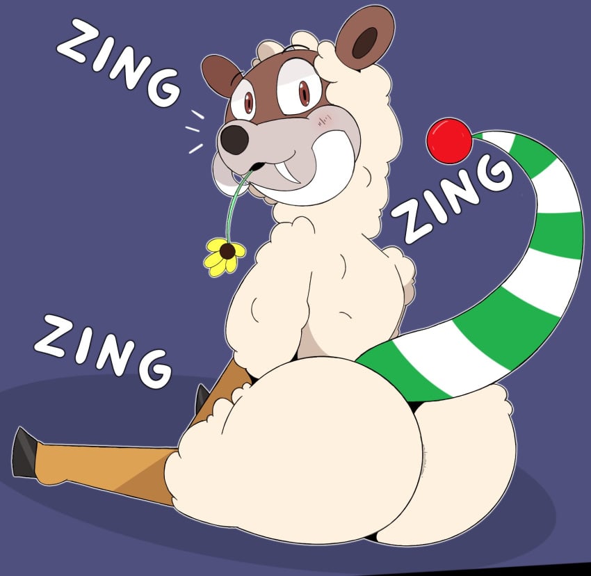 adumbkobold ass bovid caprine fan_character feral fictional_species flower hi_res hybrid male mammal mustelid otter plant sheep sitting solo spitting zing_zing_zing zing_zing_zing_(character) zing_zing_zing_(species)