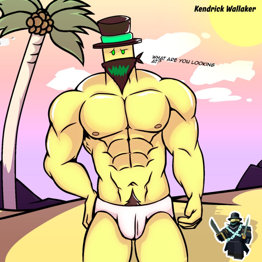 1boy armpit_hair bara beach english_text gay kendrick_nsfw male male_only official_alternate_costume pubic_hair reference_image roblox roblox_game robloxian slasher_(tds) solo spooky_slasher tagme text tophat tower_defense_simulator underwear