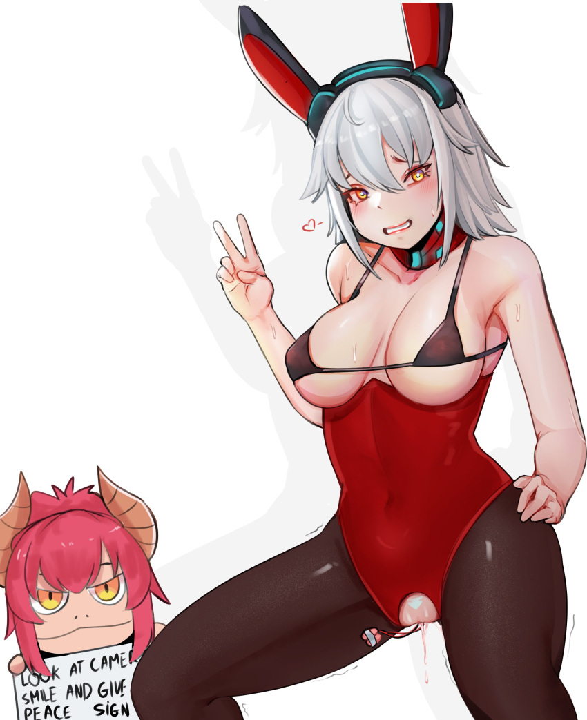 bunny_ears bunnysuit fan_mascot_(vtuber) female_only flustered gecko_(zentreya) gollyflower robot_girl solo vibrator_in_pussy virtual_youtuber vshojo wet_pussy white_background white_hair zentreya