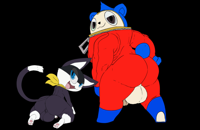 anthro ass atlus backsack balls bear big_balls black_body black_fur blue_body blue_eyes blue_fur clothing domestic_cat duo felid feline felis fur genitals grey_eyes humanoid looking_back male male/male mammal megami_tensei megami_tensei_persona morgana_(persona) neto paws penis red_clothing scarf size_difference smug teddie_(persona) yellow_scarf zipper_down