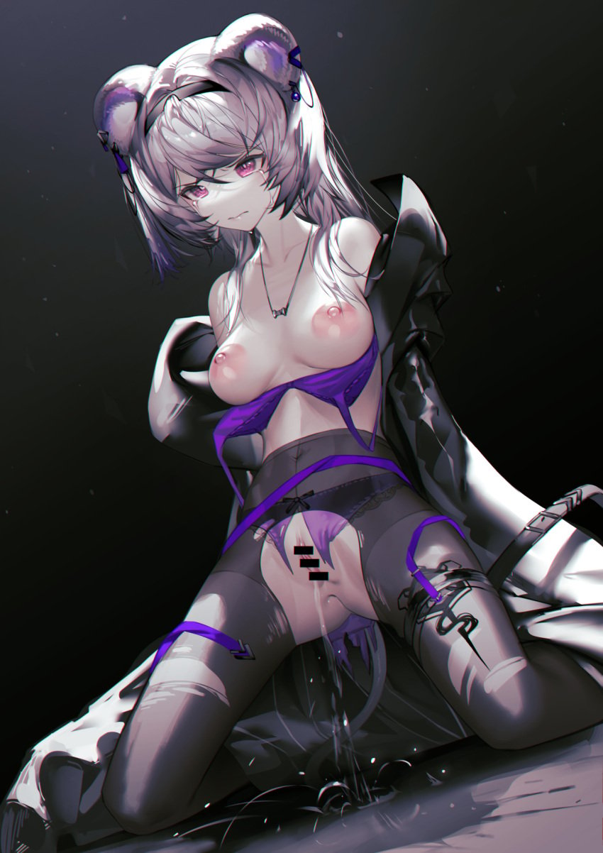 animal_ears arknights ass_visible_through_thighs bar_censor bare_shoulders black_background black_coat black_hairband black_pantyhose bra bra_pull breasts breasts_out censored closed_mouth clothes_pull coat collarbone covered_navel crying crying_with_eyes_open female gradient_background grey_hair hair_intakes hairband highres iumu jewelry kneeling lin_(arknights) long_hair long_sleeves medium_breasts mouse_ears necklace nipples open_clothes open_coat panties panties_under_pantyhose pantyhose peeing perky_breasts pink_eyes puddle purple_bra pussy solo tears thigh_strap torn_clothes torn_panties torn_pantyhose underwear urine