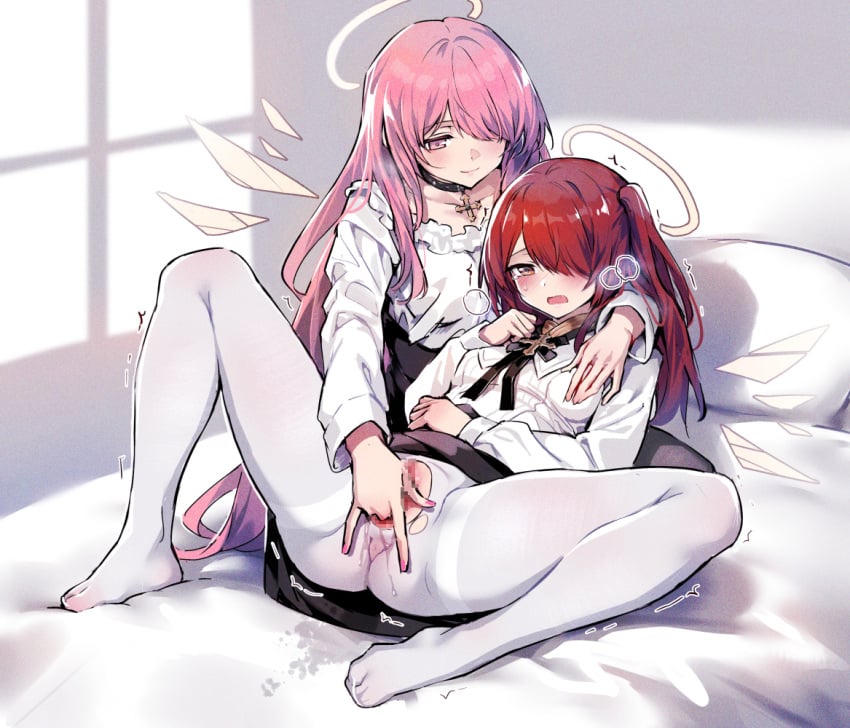 2girls alternate_costume arknights bed_sheet black_choker black_skirt blush censored choker closed_mouth collarbone covered_anus cross detached_wings energy_wings exusiai_(arknights) fingering hair_over_one_eye halo incest indoors kataokasan knee_up lemuen_(arknights) long_hair long_sleeves lying mosaic_censoring motion_lines multiple_girls nipple_tweak nipple_tweak_through_clothes on_back on_bed one_side_up open_mouth pantyhose pillow pink_eyes pink_hair pussy red_eyes red_hair shirt siblings sisters skirt smile spread_legs thighband_pantyhose very_long_hair white_pantyhose white_shirt wings yuri