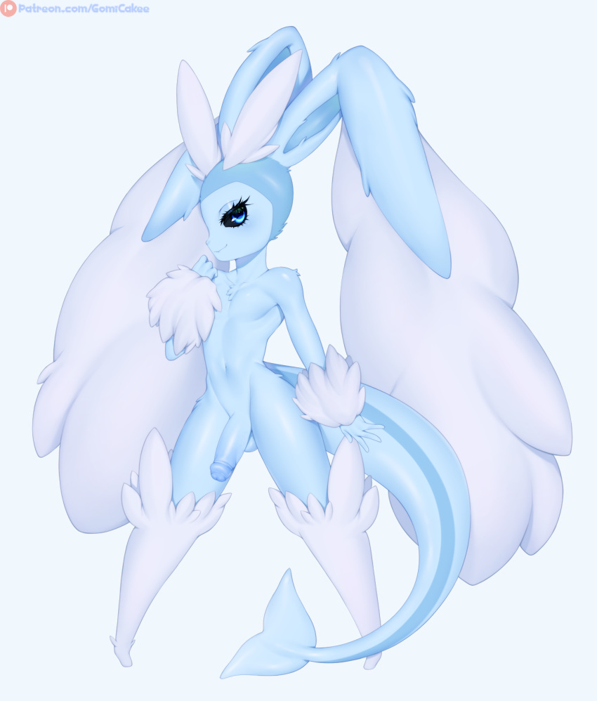 1boy anthro balls blue_body blue_eyes eeveelution generation_1_pokemon generation_4_pokemon genitals gomi-cake hi_res humanoid_genitalia humanoid_penis looking_at_viewer lopunny male male_lopunny male_only male_vaporeon nintendo penis pokemon pokemon_(species) simple_background solo tail thick_tail vaporeon vaporunny white_background