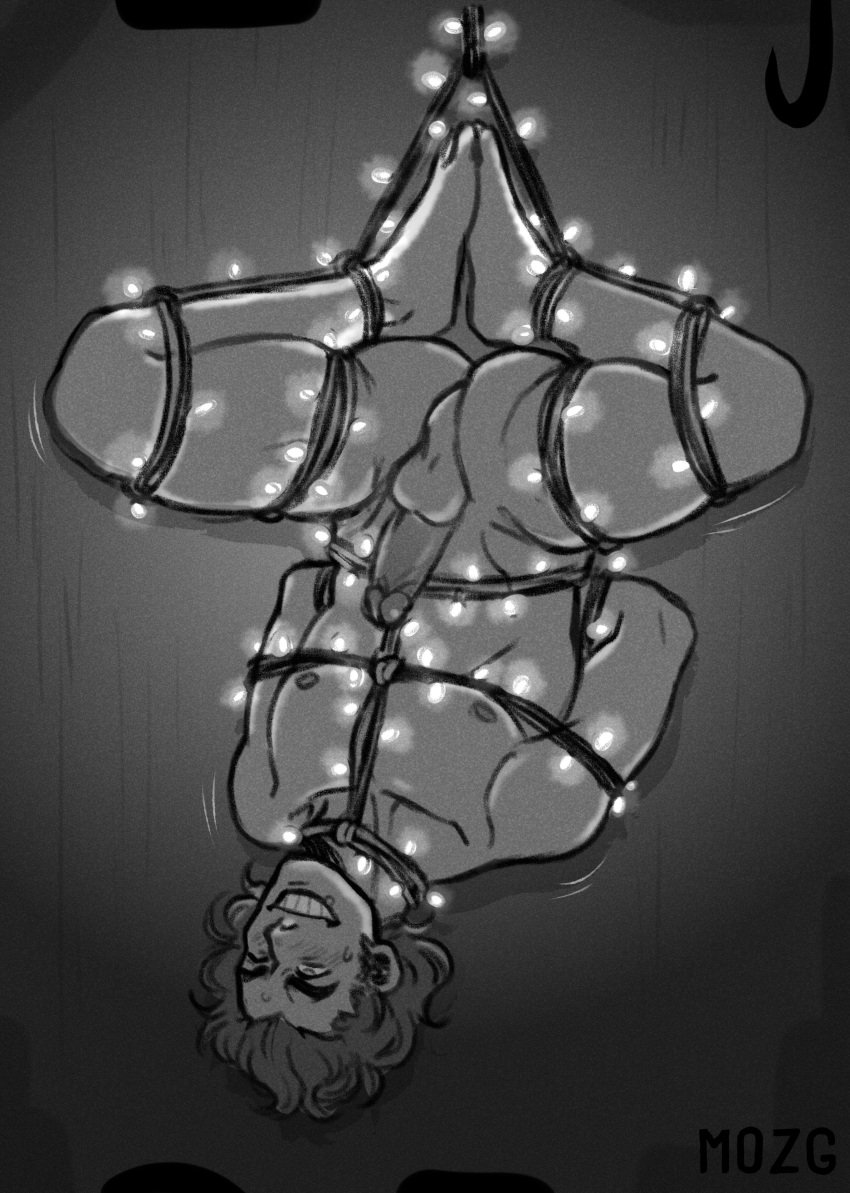 1boy billy_lenz black_christmas bondage christmas_lights male_focus male_only mozgistired penis smile smiling suspension suspension_bondage upside-down