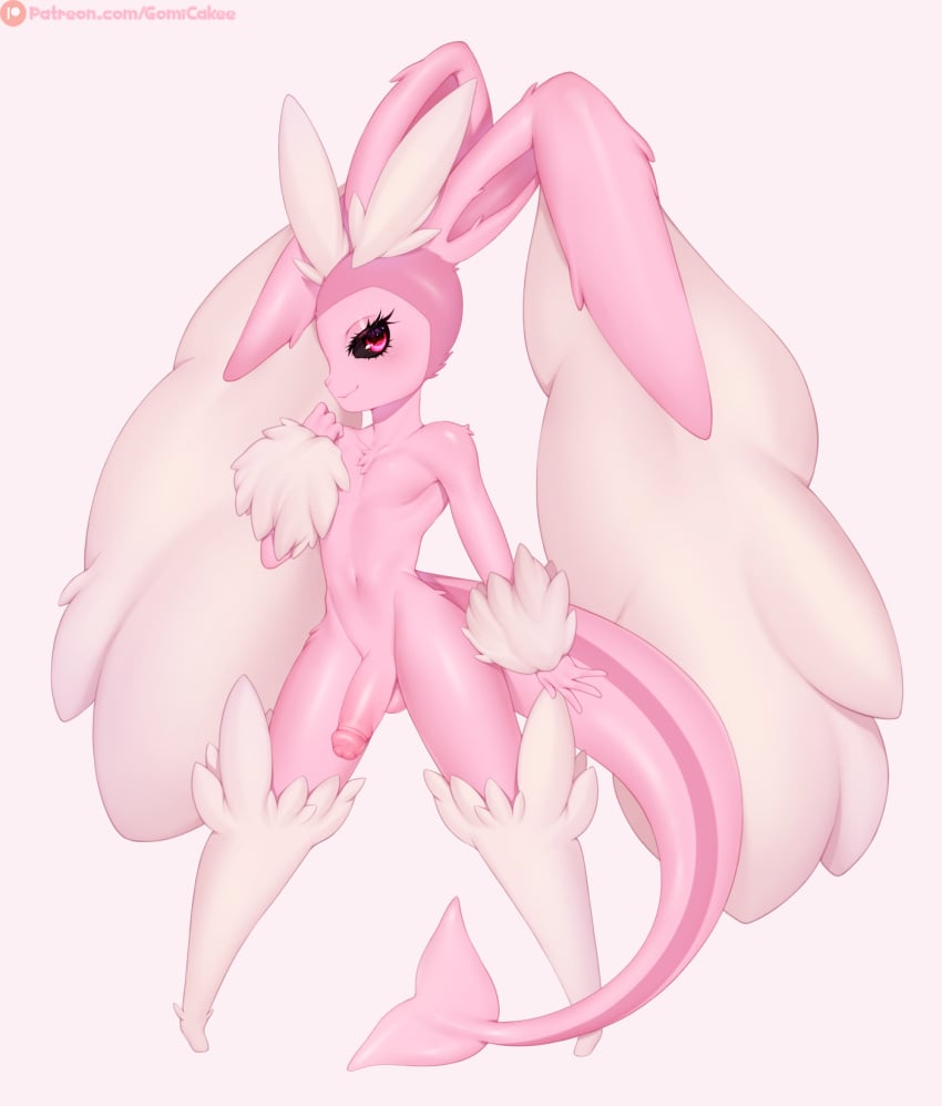 1boy alternate_color anthro balls eeveelution generation_1_pokemon generation_4_pokemon genitals gomi-cake hi_res humanoid_genitalia humanoid_penis looking_at_viewer lopunny male male_only male_vaporeon nintendo penis pink_body pink_eyes pokemon pokemon_(species) shiny_pokemon simple_background solo tail thick_tail vaporeon vaporunny white_background