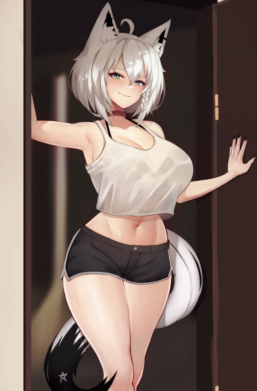 1girls 2023 crop_top female fox_girl hololive hololive_gamers hololive_gen_1 hololive_japan kemonomimi shirakami_fubuki solo solo_female tagme varniskarnis virtual_youtuber white_hair