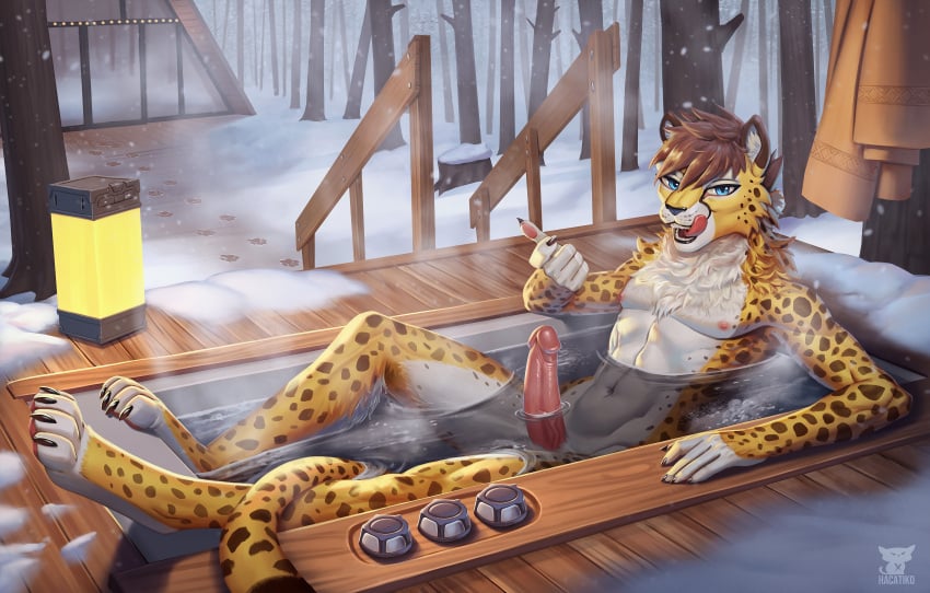 absurd_res anthro athletic beckoning blue_eyes cabin cheetah erection felid feline forest furry genitals gesture hacatiko hi_res hot_tub male male_only mammal mang nude outside paws penis plant snow solo solo_male spots steam tree