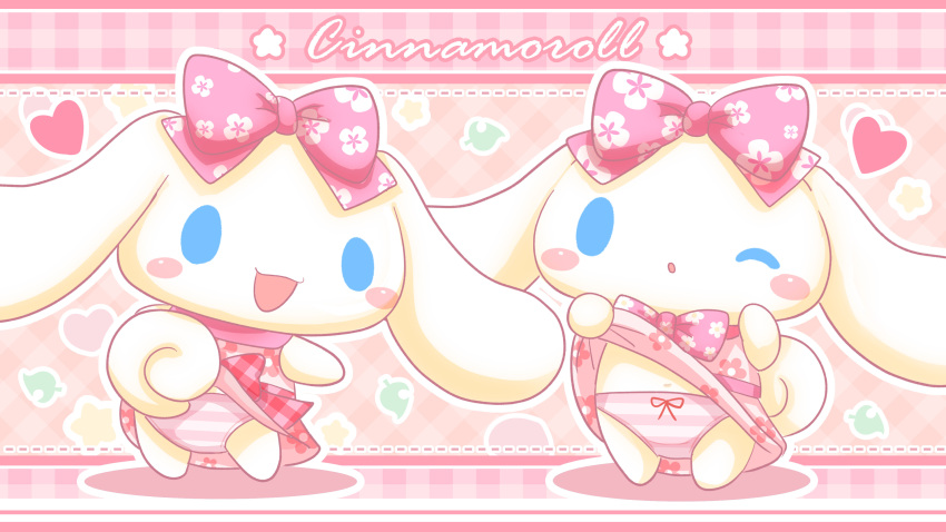 1boy abstract_background absurd_res belly_button blue_eyes blush_stickers bottomwear bow cinnamon_(cinnamoroll) cinnamoroll cinnamoroll_(series) crossdressing cute dress dress_lift heart long_ears looking_at_viewer looking_back panties presenting_panties punimofu ribbon sanrio smiling striped_panties