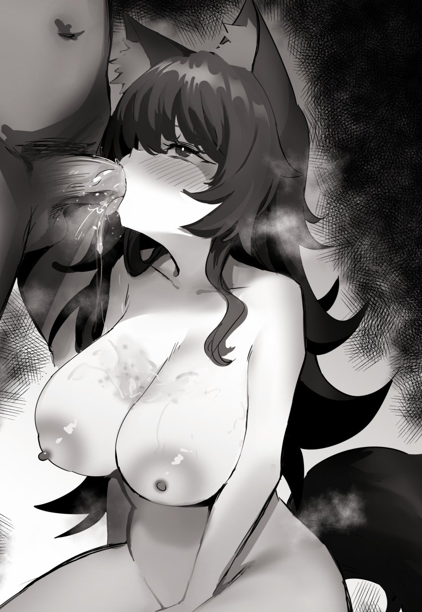 1girls 2022 alternate_version_available animal_ear_fluff animal_ears animal_tail bare_shoulders big_breasts blush bottomless breasts cleavage collarbone cum darkdeaththorn dazed drool eyes_rolling_back fellatio female hololive hololive_gamers hololive_japan long_hair monochrome nude nude_female nude_male ookami_mio oral oral_penetration oral_sex rolling_eyes saliva saliva_on_breasts steaming_body tongue tongue_out topless virtual_youtuber wolf_ears wolf_girl wolf_tail