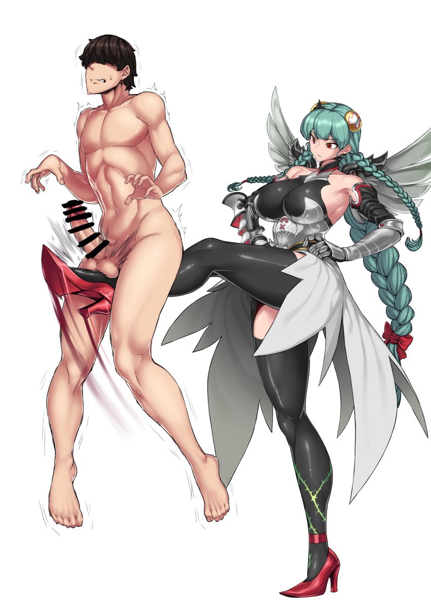 1boy 1boy1girl 1girls armored_dress ballbusting big_breasts braid braided_hair breasts cbt censored censored_penis clothed_female clothing cock_and_ball_torture crotch_kick green_hair hair_over_eyes high_heels huge_breast kicking kicking_balls large_breasts light-skinned_female light-skinned_male light_skin massive_breasts nude_male nude_male_clothed_female red_eyes spacezin thighhighs