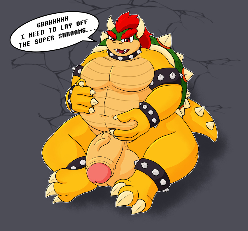 2022 absurd_res anthro anthro_only armband balls belly belly_squeeze big_balls big_belly big_penis bowser claws collar digital_drawing_(artwork) digital_media_(artwork) flaccid foreskin genitals hair hi_res horn koopa male male_only mario_(series) nintendo open_mouth overweight overweight_male partially_retracted_foreskin pecs penis red_eyes red_hair scalie shell solo solo_focus speech_bubble spiked_armband spiked_collar spikes sudsypup tail text thick_penis toe_claws yellow_body