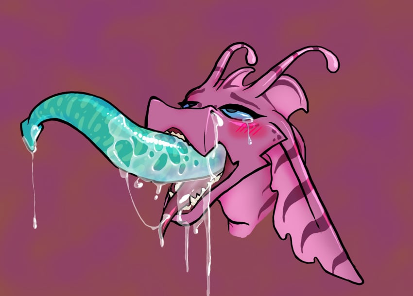 ahe_gao all_the_way_through antennae_(anatomy) anthro aquatic_dragon blush bodily_fluids cum cum_from_mouth cum_from_nose cum_in_mouth cum_in_nose cum_inside dragon edie_(rahisauce) excessive_cum excessive_genital_fluids eyes_watering fin genital_fluids green_tentacles gynomorph head_fin hi_res intersex intersex_only long_tongue looking_pleasured marine open_mouth oral penetration pink_body pink_scales rahisauce scales solo striped_body stripes tears tentacle tentacle_from_mouth tentacle_monster throat_bulge tongue tongue_out