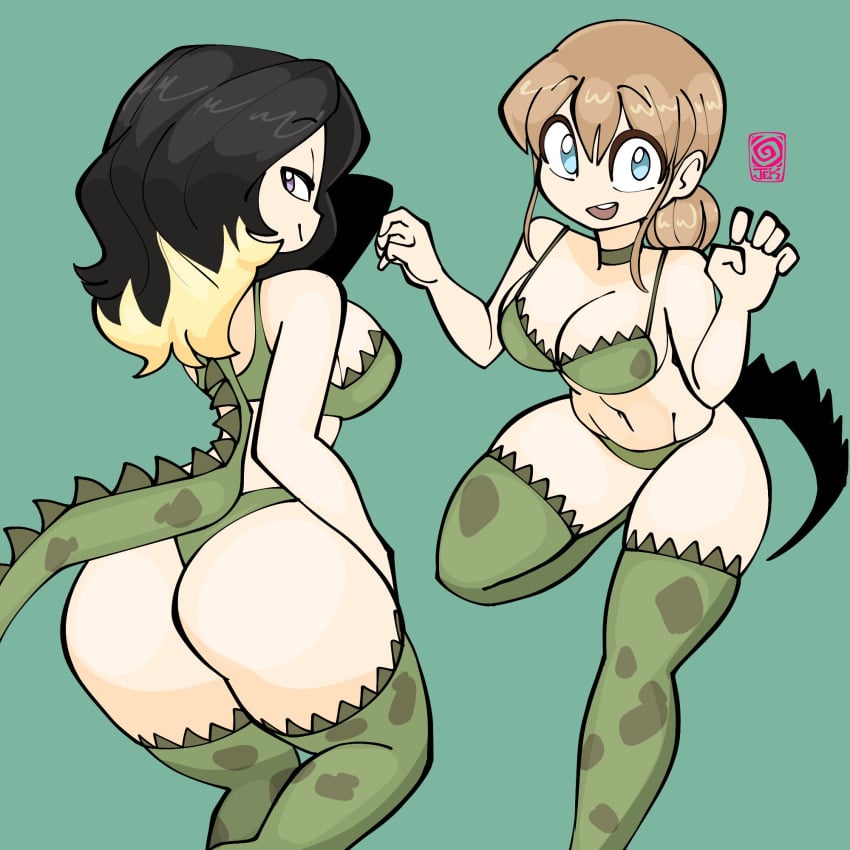 2girls ass breasts cleavage clothing dinosaur_print duo female female_only jek_korpen tagme thighhighs thighs