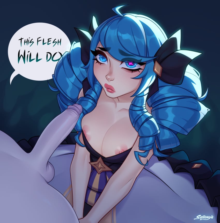 1boy 1girls big_breasts big_penis blue_eyes blue_hair boob_window breasts cleavage dress frown gwen_(league_of_legends) heterochromia league_of_legends league_of_legends:_wild_rift looking_up on_knees pale-skinned_male pale_skin pink_eyes ribbon riot_games satanya twin_drills twintails viego_(league_of_legends)