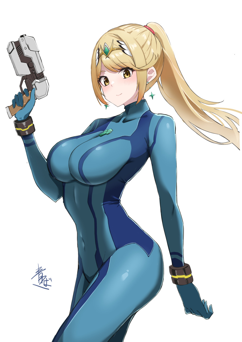 1girls absurd_res absurdres alternate_costume aotsuba artist_signature big_breasts blonde blonde_female blonde_hair breasts core_crystal crossover female female_only hartman_hips hi_res high_resolution highres hourglass_figure huge_breasts large_breasts looking_at_viewer metroid mythra nintendo ponytail samus_aran_(cosplay) solo tight_clothes tight_clothing tight_fit tights xenoblade_(series) xenoblade_chronicles_2 zero_suit