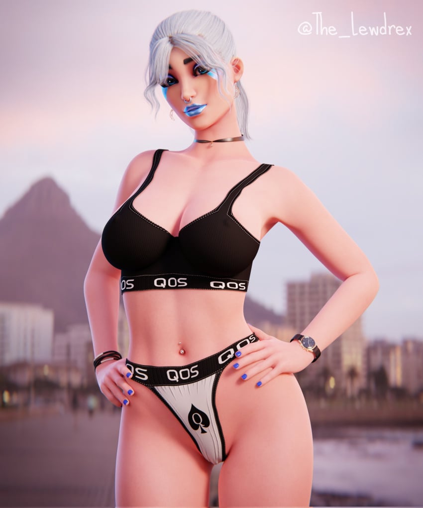 1girls 3d areolae ark_(fortnite) big_breasts bikini bikini_bottom bikini_top blender blue_lipstick bottomwear breasts cleavage clothed clothing female female_only fortnite half-dressed half_naked lewdrex light-skinned_female light_skin makeup nipples no_bra panties pose posing presenting qos qos_clothing queen_of_spades queen_of_spades_symbol solo solo_female solo_focus spade_panties standing tank_top thong thong_bikini topless underwear watch watermark white_hair