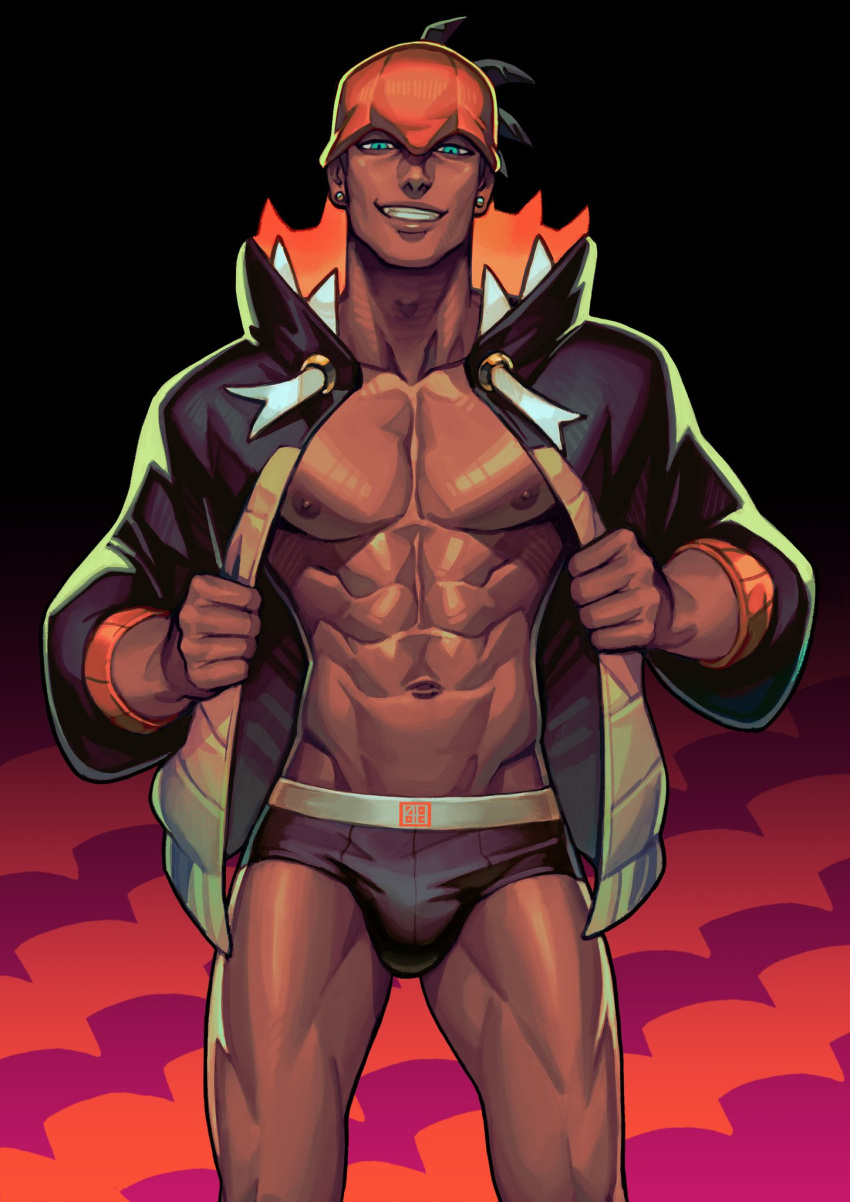 1boy absolum big_bulge bulge dark-skinned_male dark_skin gym_leader huge_bulge looking_at_viewer looking_down looking_down_at_viewer low-angle_view male male_only melanin muscles muscular muscular_male npc_trainer open_shirt pokemon pokemon_ss raihan_(pokemon) solo underwear