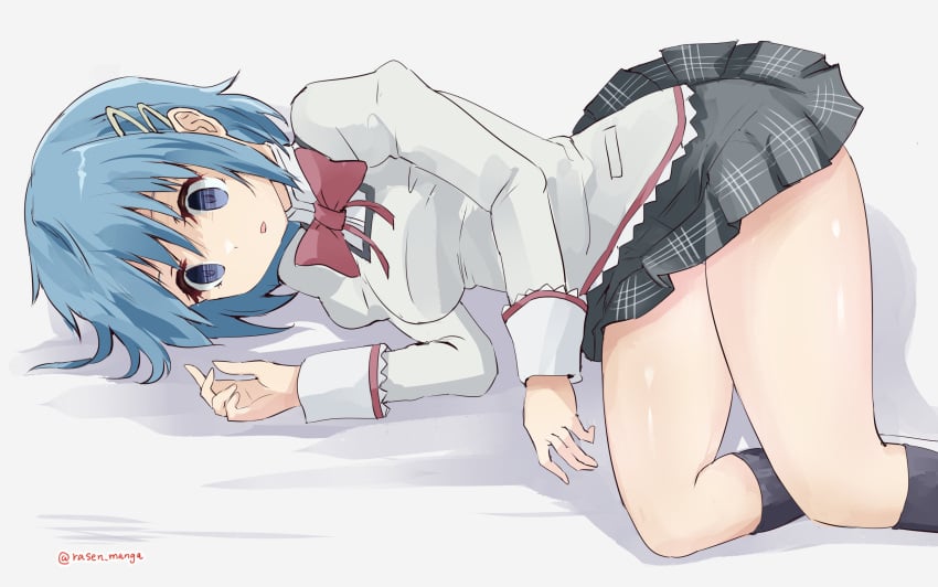 bewitching_thighs blue_eyes blue_hair corpse empty_eyes laying_on_side limp mahou_shoujo_madoka_magica miki_sayaka on_side puella_magi_madoka_magica school_uniform schoolgirl short_hair young