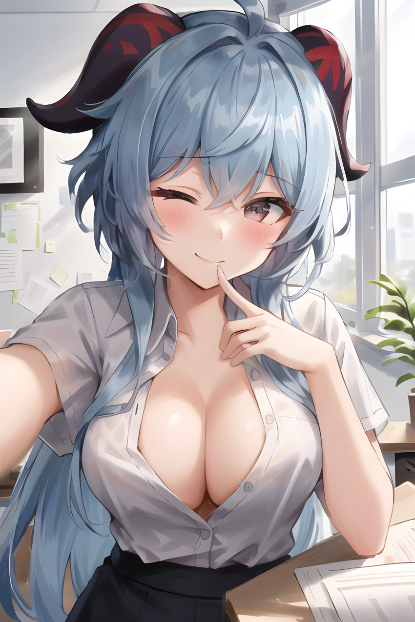 2d ai_generated blush breasts class cleavage female ganyu_(genshin_impact) genshin_impact goat_horns horn looking_at_viewer nai_diffusion one_eye_closed school_uniform schoolgirl self_upload smile stable_diffusion unbuttoned