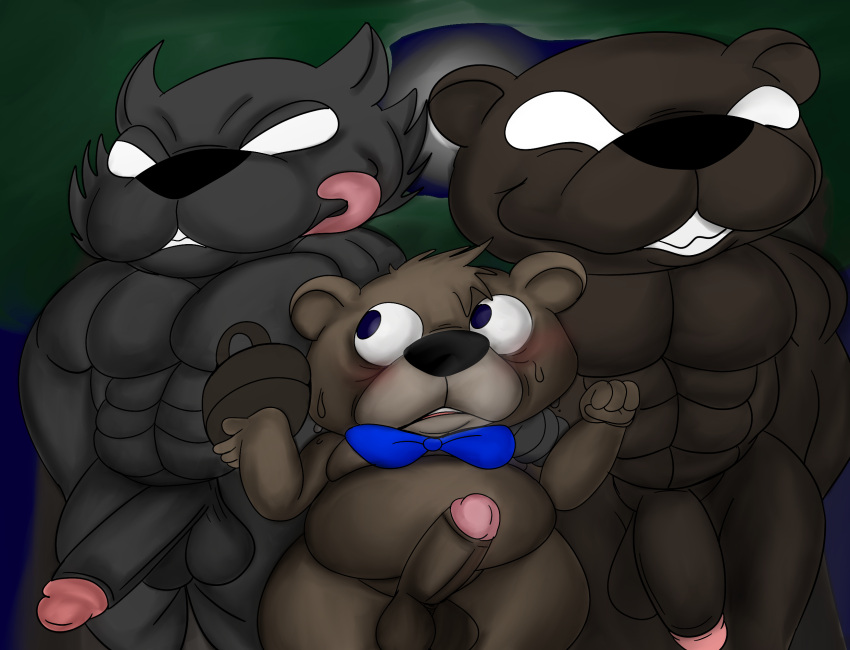 anthro aroused basket bear big_penis blush bodily_fluids boo-boo_bear bow_tie brown_body brown_fur canid canine canis container forest fur genitals group hanna-barbera hi_res imminent_sex jaythefox333 licking licking_lips looking_at_another male male/male mammal muscular muscular_male penis plant scared short_stack slightly_chubby surrounded sweat tongue tongue_out tree trio unnamed_character wide_hips wolf yogi_bear