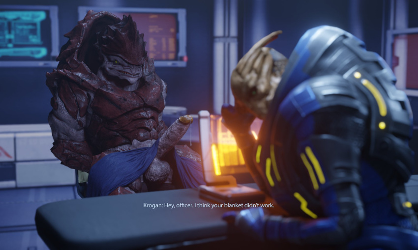 alien armor balls bedding blanket bodily_fluids computer dialogue dripping duo english_text exhibitionism foreskin gay genital_fluids genitals glowing hi_res holographic_screen humanoid_genitalia humanoid_penis krogan looking_away male male/male male_only mass_effect nude penis police_officer precum precum_drip precum_string public public_nudity retracted_foreskin rooking sitting smile solo_focus text turian