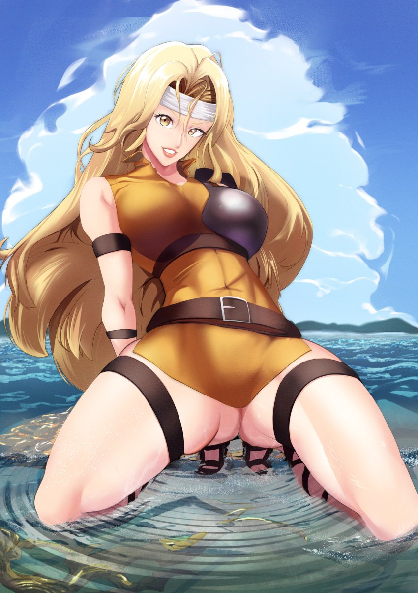 1girls alternate_version_available ass_visible_through_thighs bare_legs bare_thighs blonde_hair bottomless breasts brigid_(fire_emblem) female female_only fire_emblem fire_emblem:_genealogy_of_the_holy_war grin headband large_breasts legs long_hair looking_at_viewer nintendo outdoors smile solo thick_thighs thighs tomorrowsjoker very_long_hair water yellow_eyes