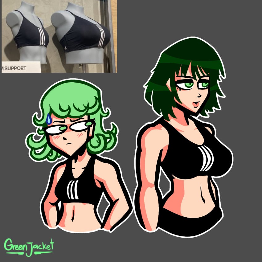 2girls abs big_breasts blush female female_only fubuki_(one-punch_man) green_eyes green_hair green_jacket_(artist) height_difference medium_support_(meme) meme one-punch_man small_breasts sports_bra tatsumaki