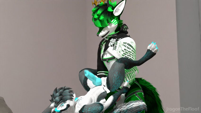 animated anthro belly_inflation blue_penis blue_tongue canid canine canis clothing collar crown dragon duo electricity electricity_manipulation elemental_manipulation genitals gif god_of_thunder green_body green_eyes green_hair hair headgear hi_res hoodie horn hybrid inflation jewelry jragon king knot lightning_bolt male male/male mammal necklace neon_green penis raishin royalty spikes thunder tongue topwear wolf