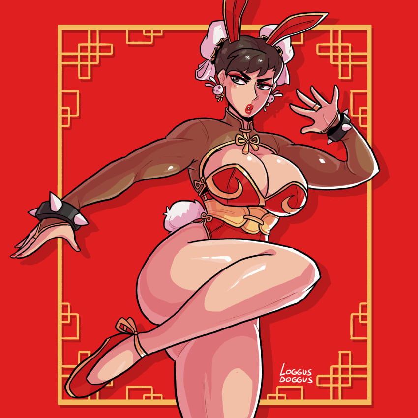 1girls bare_legs bunny_costume bunny_ears bunny_girl bunny_tail bunnysuit chun-li costume earrings female female_only hair_buns hair_ornament leotard lipstick loggus_doggus lunar_new_year red_lipstick shiny_skin simple_background solo street_fighter street_fighter_v year_of_the_rabbit