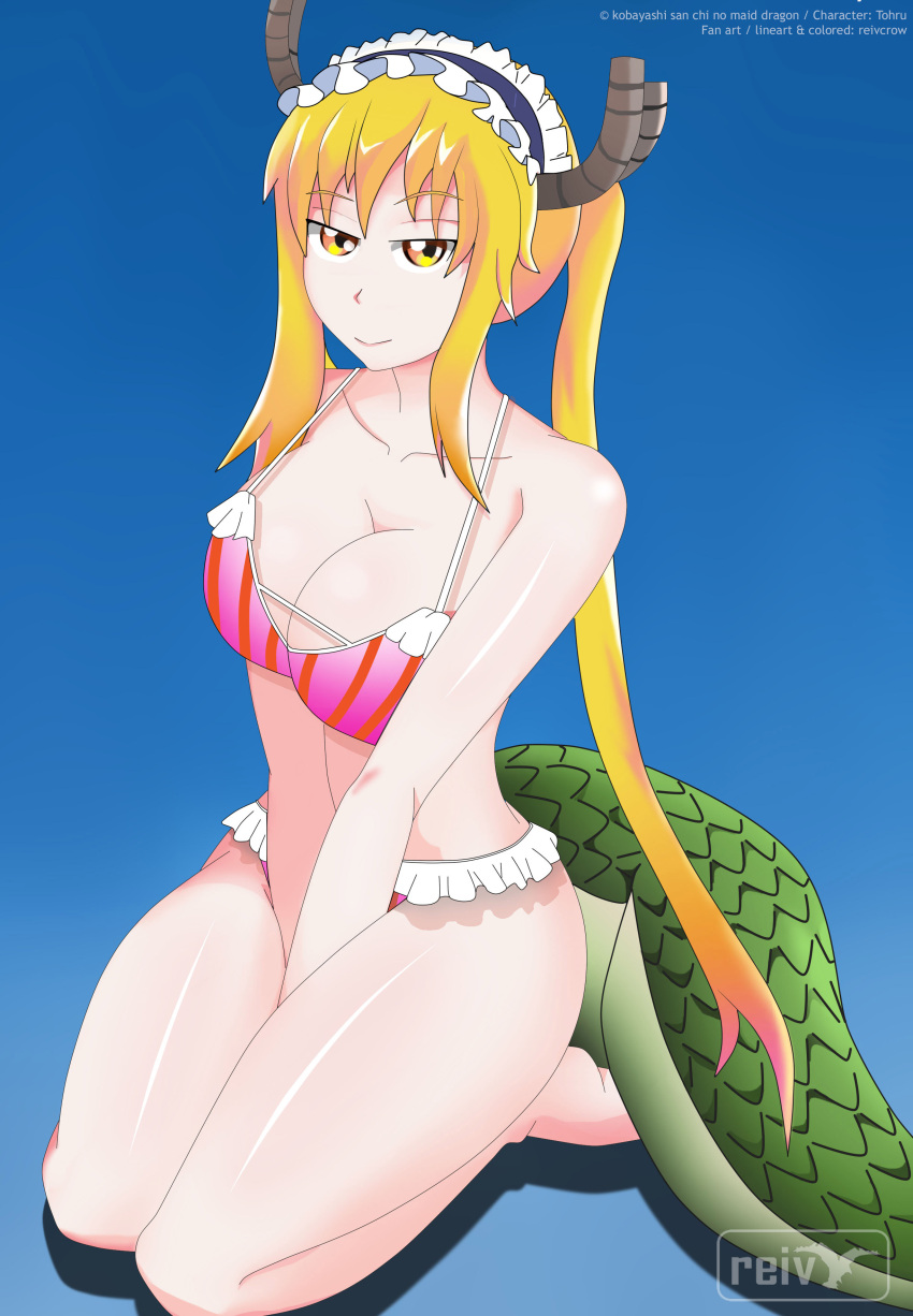 1girls big_breasts bikini blonde_hair dragon_girl dragon_horns dragon_tail light-skinned_female maid_headdress miss_kobayashi's_dragon_maid monster_girl orange_eyes reivcrow striped_bikini swimsuit tohru_(dragon_maid) twintails