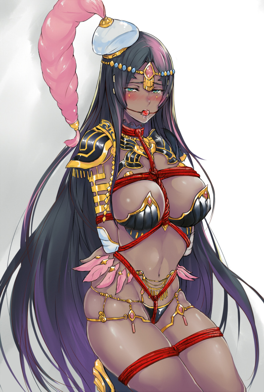 1girls arms_tied_behind_back ball_gag black_bra black_hair black_panties bondage bondage bra breasts crotch_rope fate/grand_order fate_(series) fengya gag gagged green_eyes hat large_breasts legs_tied long_hair looking_at_viewer midriff navel panties rope rope_between_breasts rope_bondage scheherazade_(fate) shibari_over_clothes