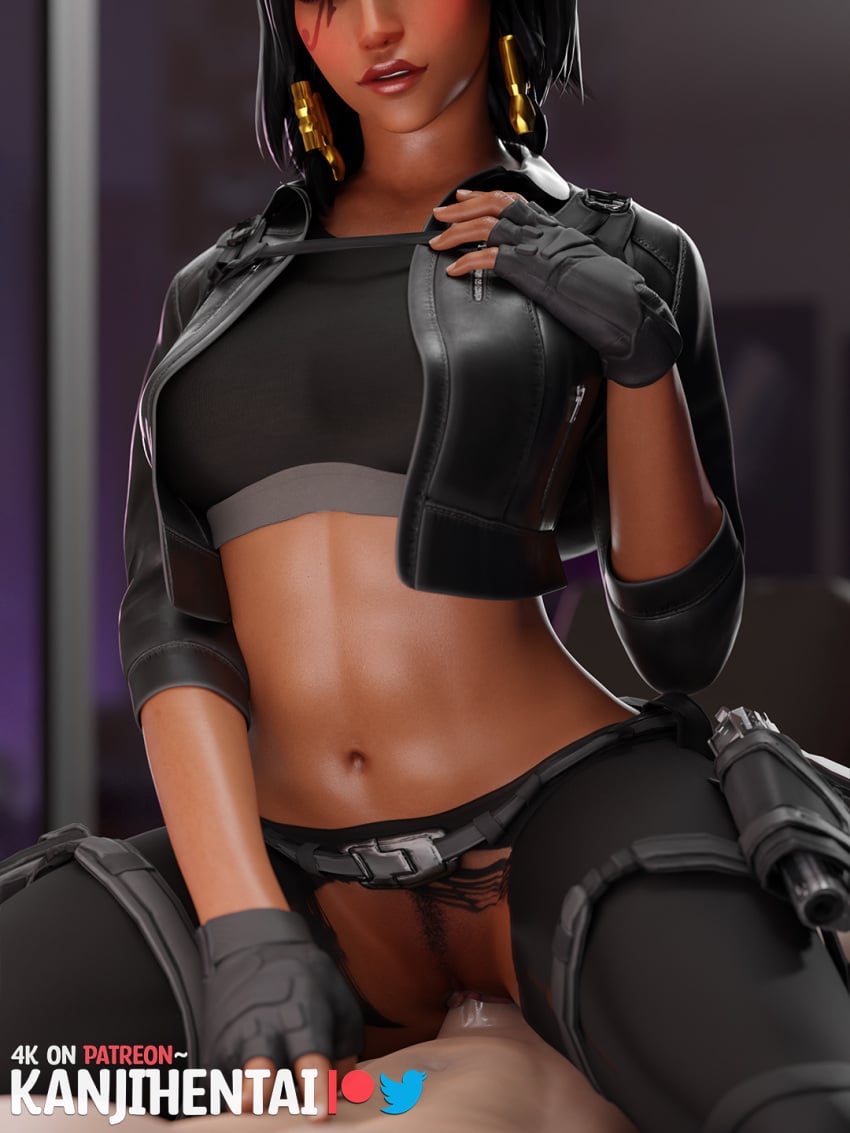 3d black_hair cowgirl_position dark_skin female fit_female kanjihentai leather_jacket leggings lipstick male male/female overwatch penis_in_pussy pharah pussy sex short_hair torn_clothes torn_legwear torn_pantyhose